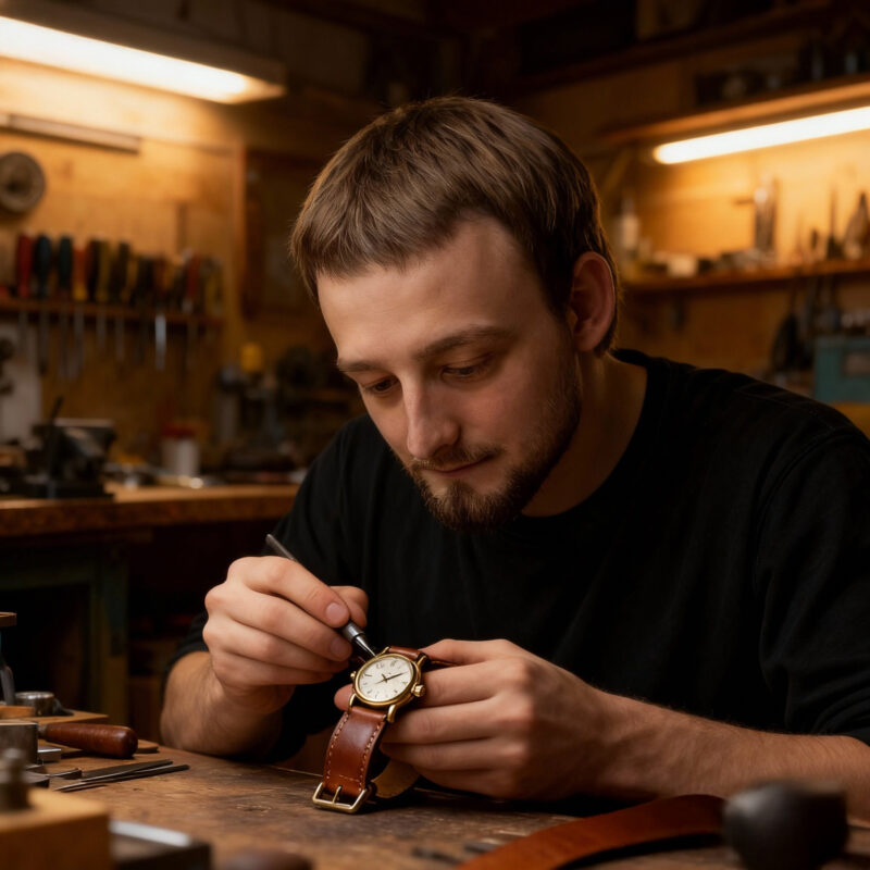 Photo d'Anthony Rod créant une montre dans son atelier